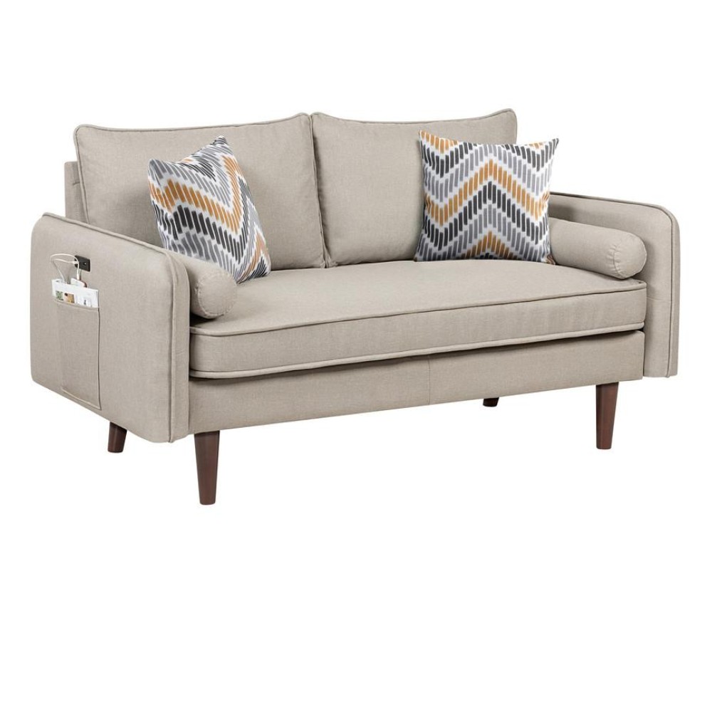 Mia Mid-Century Modern Beige Linen Loveseat Couch with USB Charging Ports & Pillows