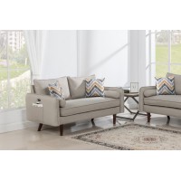 Mia Mid-Century Modern Beige Linen Loveseat Couch with USB Charging Ports & Pillows