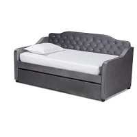 Baxton Studio Freda Traditional And Transitional Grey Velvet Fabric Upholstered And Button Tufted Twin Size Daybed With Trundle