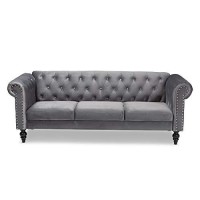 Baxton Studio Emma Traditional And Transitional Grey Velvet Fabric Upholstered And Button Tufted Chesterfield Sofa