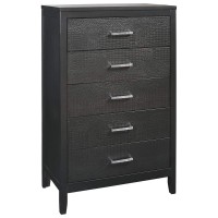 Benjara 5 Drawer Wooden Chest With Embossed Textured Details, Gray