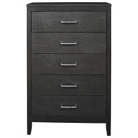 Benjara 5 Drawer Wooden Chest With Embossed Textured Details, Gray