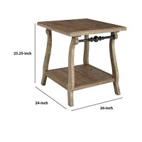 Benjara Plank Style Wooden End Table With Open Bottom Shelf And Metal Bar, Brown