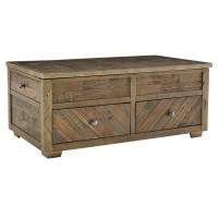 Benjara Wooden Lift Top Cocktail Table With 4 Drawers And Knots Details, Brown