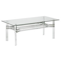 Benjara Rectangular Glass Top Cocktail Table With Straight Acrylic Legs, Clear And Chrome