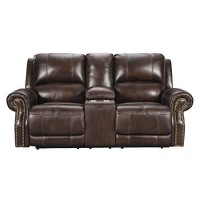 Benjara Nailhead Trim Leatherette Power Recliner Loveseat With Console, Brown