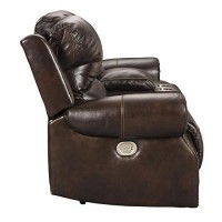 Benjara Nailhead Trim Leatherette Power Recliner Loveseat With Console, Brown