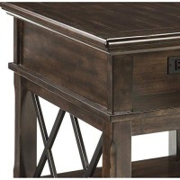 Benjara Two Tone Double X Shaped End Table With Power Hub, Brown And Black