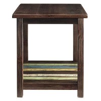 Benjara Wooden End Table With Slated Open Bottom Shelf And Block Legs, Brown