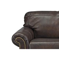 Benjara Nailhead Trim Leatherette Loveseat With Rolled Armrests, Brown