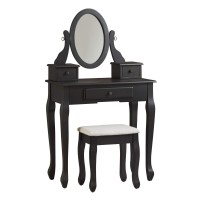 Benjara Modern Style Gloss Finish Wooden Mirror Stool Set With Wavy Legs, Black