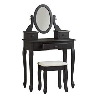 Benjara Modern Style Gloss Finish Wooden Mirror Stool Set With Wavy Legs, Black