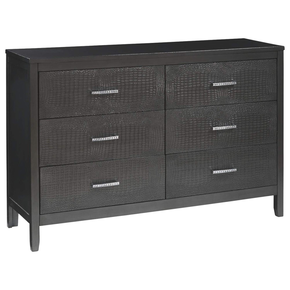 Benjara 6 Drawer Wooden Dresser With Embossed Textured Details, Dark Gray