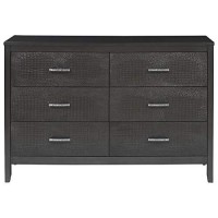 Benjara 6 Drawer Wooden Dresser With Embossed Textured Details, Dark Gray