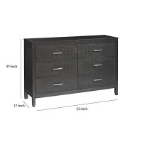 Benjara 6 Drawer Wooden Dresser With Embossed Textured Details, Dark Gray