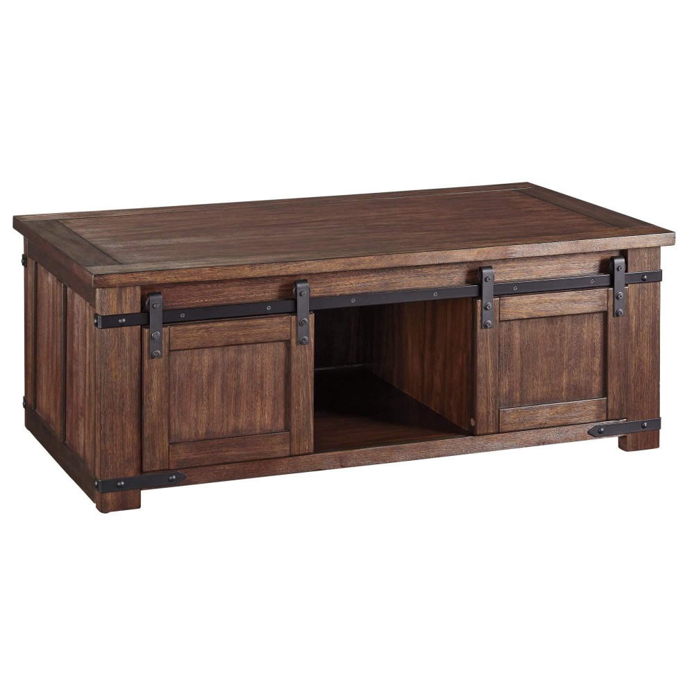 Benjara Rectangular Wooden Cocktail Table With 2 Barn Sliding Door Cabinets, Brown