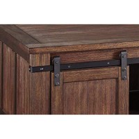 Benjara Rectangular Wooden Cocktail Table With 2 Barn Sliding Door Cabinets, Brown