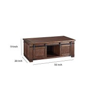 Benjara Rectangular Wooden Cocktail Table With 2 Barn Sliding Door Cabinets, Brown