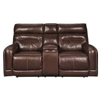Benjara Leatherette Power Recliner Loveseat With Console And Sloped Arms, Brown