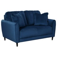 Benjara Bm213267 Vertically Quilted Fabric Upholstered Loveseat With Tapered Legs, Blue