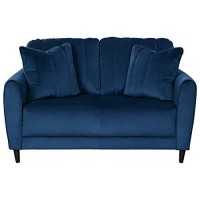 Benjara Bm213267 Vertically Quilted Fabric Upholstered Loveseat With Tapered Legs, Blue