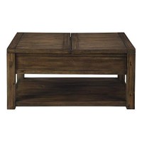 Benjara Rectangular Split And Lift Top Wooden Cocktail Table With Open Shelf, Brown