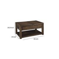 Benjara Rectangular Split And Lift Top Wooden Cocktail Table With Open Shelf, Brown