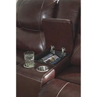 Benjara Leatherette Power Recliner Loveseat With Storage Console, Brown