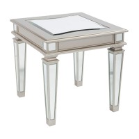 Benjara Wooden End Table With Mirror Top And Tapered Legs, Gold And Silver