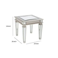 Benjara Wooden End Table With Mirror Top And Tapered Legs, Gold And Silver