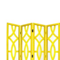 Benjara Wooden 4 Panel Room Divider With Open Geometric Design, Yellow