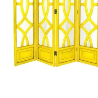 Benjara Wooden 4 Panel Room Divider With Open Geometric Design, Yellow