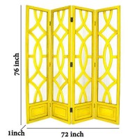 Benjara Wooden 4 Panel Room Divider With Open Geometric Design, Yellow