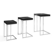 Benjara Textured Wooden Top End Table With Metal Base, Set Of 3, Black And Silver