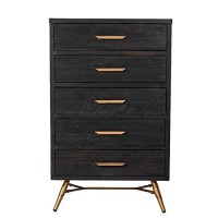 Benjara 5 Drawer Wooden Chest With Metal Bar Handles And Angled Legs, Black And Gold