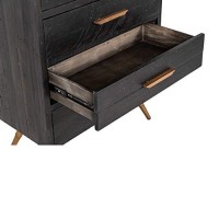 Benjara 5 Drawer Wooden Chest With Metal Bar Handles And Angled Legs, Black And Gold