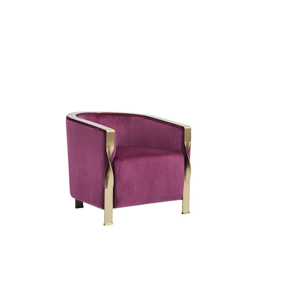 Benjara Fabric Upholstered Lounge Chair With Twisted Metal Trim, Purple And Gold