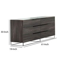 Benjara Wooden Frame Dresser With 6 Drawers With Metal Legs, Gray