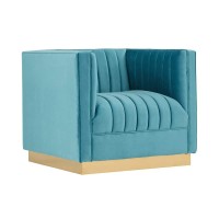 Benjara Velvet Lounge Chair With Vertical Stitched Channels, Blue, Gold