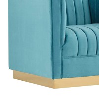 Benjara Velvet Lounge Chair With Vertical Stitched Channels, Blue, Gold