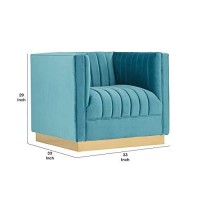 Benjara Velvet Lounge Chair With Vertical Stitched Channels, Blue, Gold