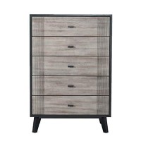 Benjara Wooden Chest With 5 Drawers And Metal Bar Handles, Gray And Black