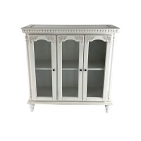 Benjara Traditional Wood And Glass Accent Cabinet With Carved Details, White