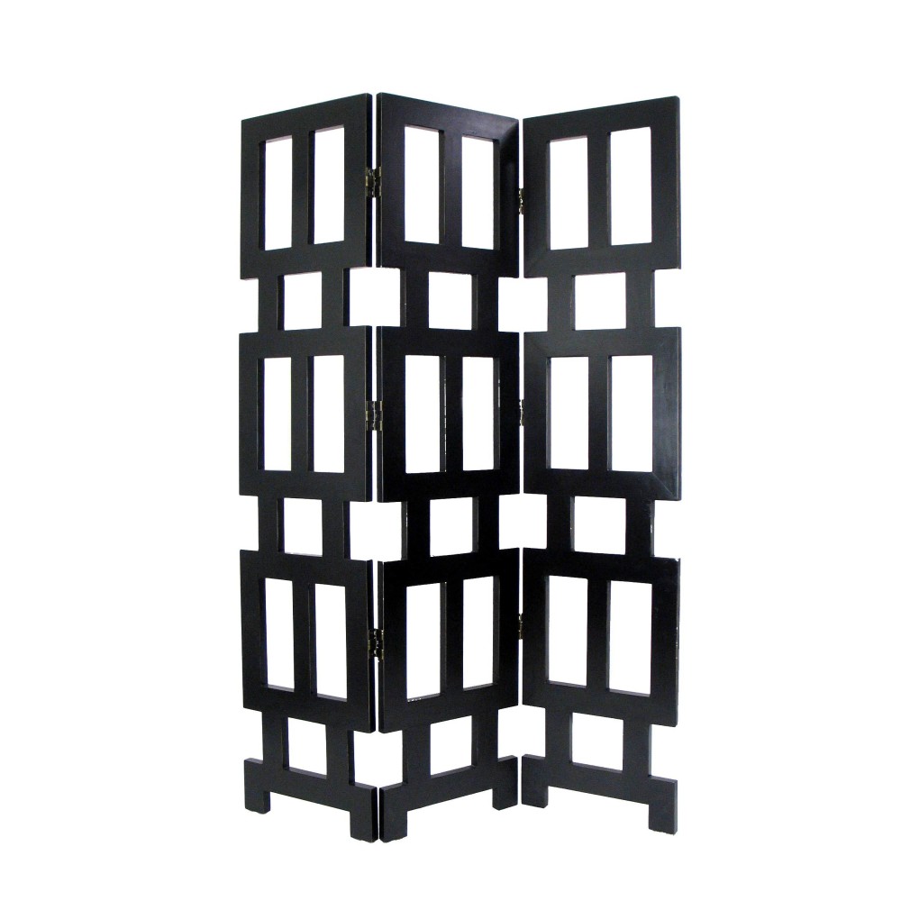 Benjara Wooden 3 Panel Room Divider With Rectangular Cut Outs, Black
