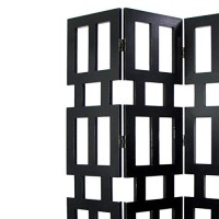 Benjara Wooden 3 Panel Room Divider With Rectangular Cut Outs, Black