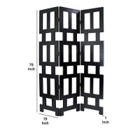 Benjara Wooden 3 Panel Room Divider With Rectangular Cut Outs, Black