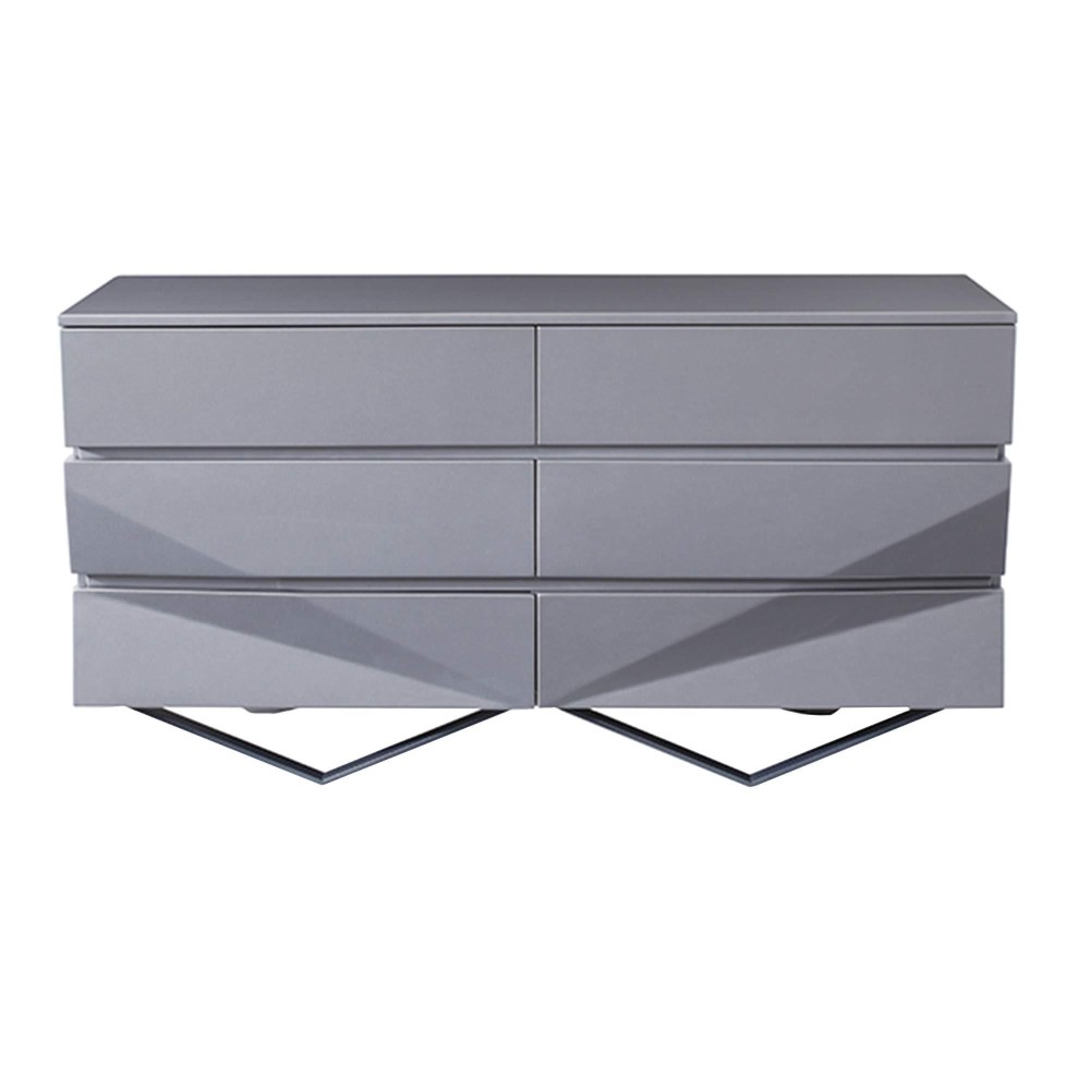 Benjara Wooden Dresser With 6 Drawers And V Shaped Metal Legs, Gray