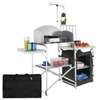 Vevor Camping Kitchen Table, Aluminum Portable Folding Camp Cook Station With Windscreen, Cupboard, Storage Organizer, Carrying Bag, Quick Installation For Outdoor Picnic Beach Bbq Rv Traveling, Black