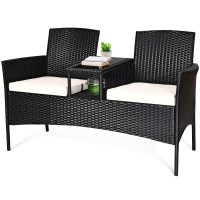 Tangkula Wicker Patio Conversation Furniture Set, Outdoor Furniture Set With Removable Cushions & Table, Tempered Glass Top, Modern Rattan Bench For Garden Lawn Backyard (White)