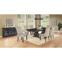 8 Piece Dining set with Dark Gray Solid wood Table Beige Linen Fabric Side Chairs and Server